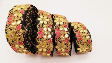Black Fabric Trim In Pink & Gold Floral Embroidery, Gota Patti Trim, Indian Flower Border